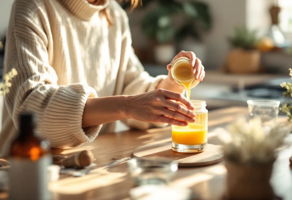 Pouring soy wax at a kitchen table